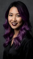 Young Asian woman with vibrant purple hair and dark lipstick smiling confidently in black blazer against gray background for professional headshot.