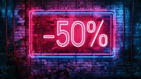 Neon sign displaying 50 percent discount on brick wall with vibrant pink and blue lighting creating urban nightlife atmosphere.