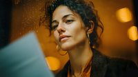 Young mixed-race businesswoman working on laptop in cozy evening cafe with warm bokeh lights creating productive remote work atmosphere.
