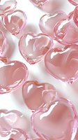 Translucent pink glass hearts scattered on white background create romantic mood with soft reflections and delicate shadows. Suitable for Valentine designs.