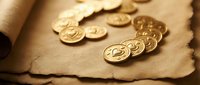 Scattered golden coins on aged parchment paper with rolled scroll, representing wealth, treasure, and historical financial concepts for business and investment themes.