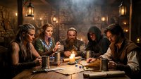 Fantasy adventurers gather around a candlelit tavern table, studying a map and planning their quest in a rustic medieval setting.