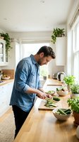 Handsome bearded man in denim shirt preparing fresh vegetables in modern bright kitchen with plants and natural light for healthy home cooking.