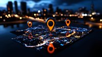 Glowing location pins hover over illuminated city map at night with blurred urban skyline background, representing navigation and smart city technology.