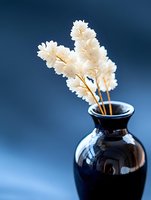 Delicate white dried flowers in small black ceramic vase against blue background. Minimalist composition with soft focus creates serene atmosphere for home decor.