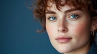 Young woman with curly red hair and blue eyes wearing denim jacket against blue background. Natural beauty portrait with soft lighting and minimal makeup.