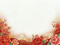 Ornate red and pink peonies with gold coins and decorative clouds border isolated on white background, suitable for wedding invitations, greeting cards, and festive design projects.