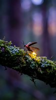 Glowing firefly beetle on moss-covered branch creates magical forest scene with warm light and purple bokeh background for nature photography.