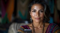 Middle-aged Hispanic woman with long dark hair wearing ethnic style clothing and jewelry looks at smartphone screen with gentle smile against colorful background.