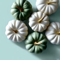 White and sage green decorative pumpkins arranged on mint background creating modern autumn composition for seasonal decor and holiday design.