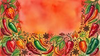 Colorful hand-drawn border frame with peppers, tomatoes and ornamental flourishes on warm orange gradient background. Suitable for recipe cards, menus and culinary designs.