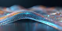Glowing wave of luminous particles flowing in curved motion against dark background with blue and orange light trails creating magical atmosphere.