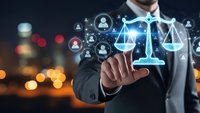 Professional businessman touching digital justice scales with network connections representing legal technology and law firm services at night.
