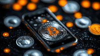 Smartphone displaying silver cryptocurrency coin with orange bokeh lights and scattered coins on dark background, modern financial technology concept.