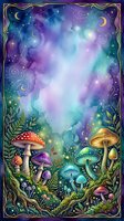 Enchanted forest floor with glowing mushrooms, magical plants, and celestial night sky featuring moons and stars, surrounded by ornate gold border frame.