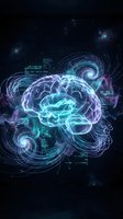 Glowing brain with swirling energy patterns and data streams in cosmic space background for artificial intelligence and neuroscience concepts.