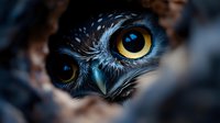 Close-up macro shot of owl eyes with intense yellow iris and detailed feathers in dark moody lighting, showing wisdom and natural wildlife mystery.