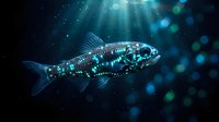 Futuristic digital fish with glowing blue circuits swimming in deep ocean waters with light rays and bubbles creating mystical underwater atmosphere.