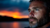 Middle-aged Caucasian man with beard gazing thoughtfully at dramatic sunset over water, profile view against colorful twilight sky with silhouetted mountains.