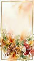 Watercolor food arrangement with tomatoes, herbs and spices in warm tones, framed in gold. Elegant menu card template for restaurants.
