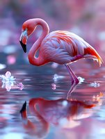 Pink flamingo standing in water with reflection, surrounded by floating flowers in dreamy purple and blue tones. Artistic nature photography with soft bokeh effect.
