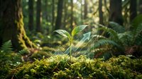 Young seedling sprouting from lush moss in dense forest with sunlight filtering through tall trees, representing growth, nature renewal and woodland ecosystem.