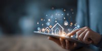Digital tablet displaying holographic real estate icons and house symbols with glowing network connections, ideal for property technology and smart home applications.