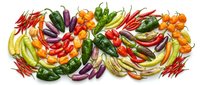 Colorful variety of fresh hot and sweet peppers arranged in a decorative flat lay pattern on white background, showcasing diverse shapes and colors.