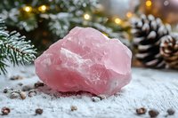 Raw rose quartz crystal on snowy surface with pine branches, pinecones and warm glowing lights creating magical winter holiday atmosphere.