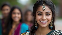 Young South Asian woman wearing traditional green sari and ornate jewelry with maang tikka headpiece smiles brightly at cultural celebration while others gather in background.