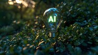 Glowing light bulb with green AI text illuminated against natural foliage background at dusk, symbolizing artificial intelligence and environmental innovation.