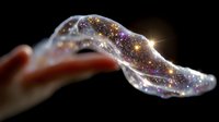 Magical glowing wave of sparkling stardust and light particles floating above female hand against dark background, cosmic energy visualization concept.
