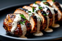 Grilled chicken breast sliced and topped with creamy white sauce and fresh herbs on dark plate, close up view showing juicy meat texture and sauce drizzle.