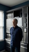Confident middle-aged Caucasian businessman standing in modern office with shelves, binders, and whiteboard, thoughtful expression, natural window light.