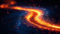 Glowing orange light trail with sparks and particles swirling in dark blue space background, creating dynamic motion effect for abstract design projects.