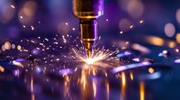 Industrial laser cutting metal with bright orange sparks flying in purple-tinted manufacturing environment. Close-up view shows precision metalworking process with dramatic lighting.