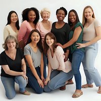 Diverse group of women of different ages, ethnicities and body types smiling together against white background, representing inclusivity and female empowerment.