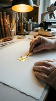 Conservator in gloves applying gold leaf to aged paper document under lamp, restoration tools and microscope on wooden desk.