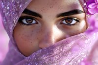Close up portrait of Middle Eastern woman with expressive brown eyes and freckles wearing traditional purple hijab, soft natural lighting creates mystical atmosphere.