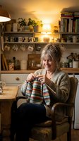 Mature woman with gray hair, Caucasian ethnicity, displaying hand-knitted colorful striped garment while seated in cozy home office with warm lighting, shelving, plants, and books.