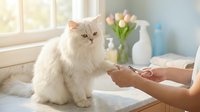 Fluffy white cat sitting on bathroom counter while woman applies nail polish, creating cozy morning beauty routine scene with tulips and natural light.