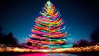 Vibrant light painting creates magical Christmas tree shape with swirling multicolored streaks against dark night sky, long exposure photography technique.