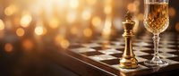 Golden chess king piece stands beside crystal whiskey glass on wooden chessboard with warm bokeh lights creating luxurious atmosphere for strategy games.