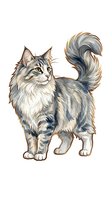 Long-haired tabby cat with fluffy tail standing alert, isolated on white background. Suitable for pet-related designs, greeting cards, and merchandise applications.
