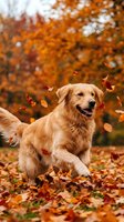 Golden retriever dog running through colorful autumn leaves with orange fall foliage background, playful pet enjoying seasonal outdoor activity.