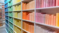 Colorful rainbow bookshelf arrangement in library with books organized by color from blue to pink creating ombre effect, modern interior design for reading spaces.
