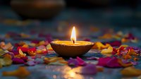 Glowing diya lamp surrounded by vibrant rose petals in warm candlelight, creating spiritual atmosphere for meditation, prayer or spa wellness setting.