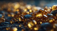 Amber crystals with golden reflections on dark textured surface create luxurious mineral formation with warm glowing highlights.