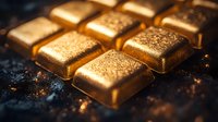 Shiny gold bars arranged in rows with textured surface and sparkling particles on dark background, dramatic lighting creates luxury financial concept.