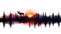 Majestic deer silhouette standing on cliff overlooking mountain lake at sunset with pine forest reflection in calm water creating serene wilderness landscape.